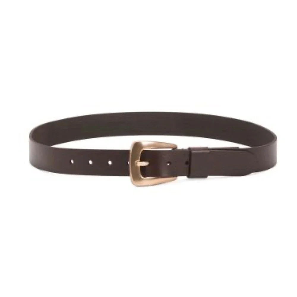 AllSaints Mens Deep Brown Genuine Leather 32mm Casual Belt Gold Buckle Large NEW
